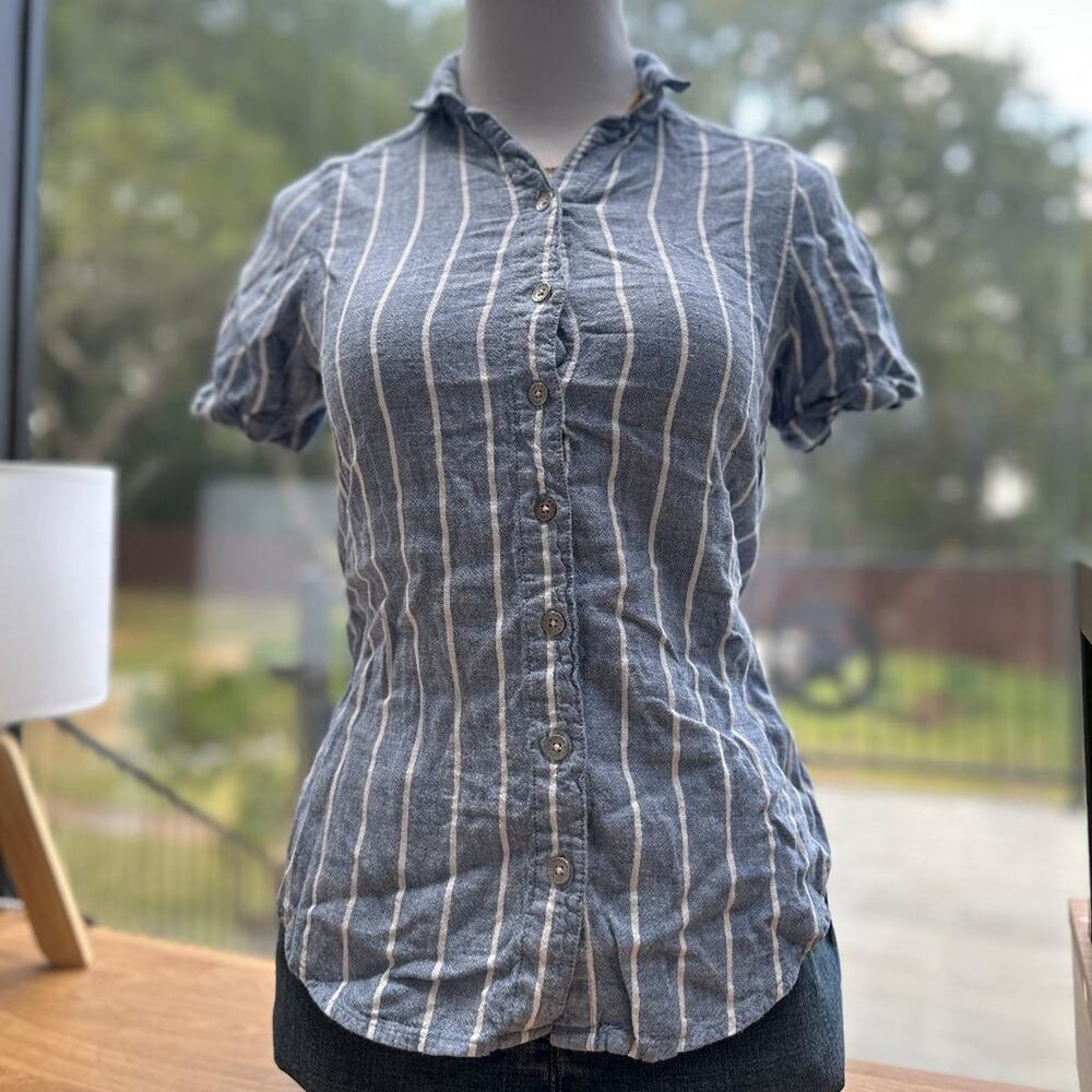 Abercrombie & Fitch Blue White Stripe Linen Button Up Shirt Womens XXS Short